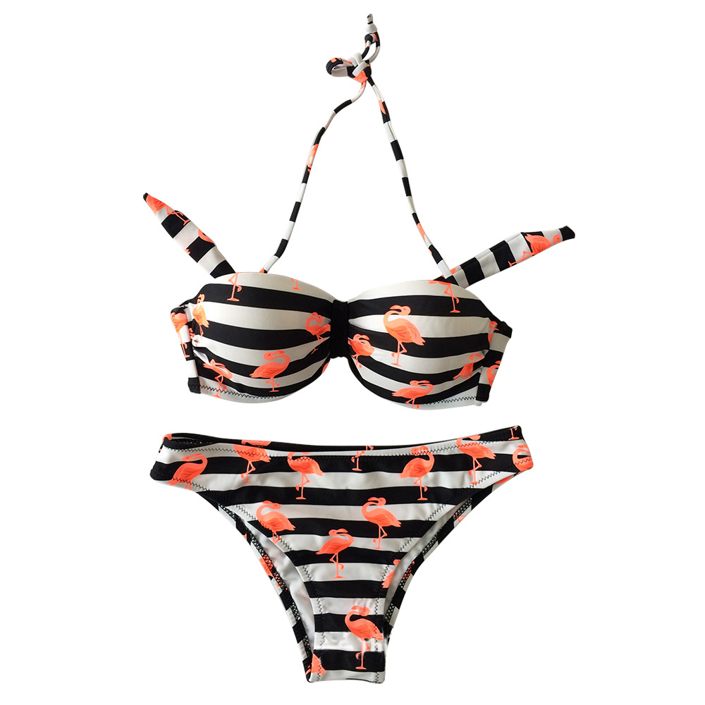 F4675-2Soild Flamingo Strip Print Halter Bikini Set